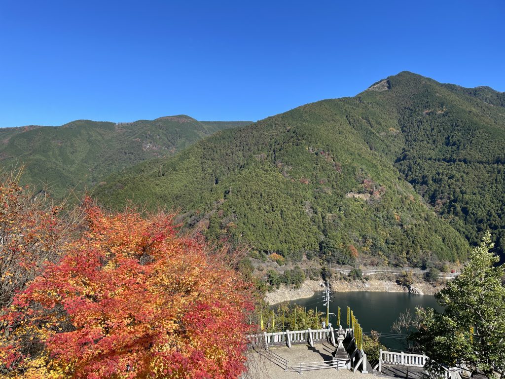 丹生川上神社上社の紅葉と対岸の山