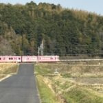 田んぼの向こうを走る伊賀鉄道のピンクの電車
