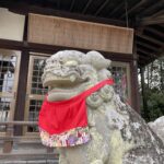 赤い前掛けをつけた小泉神社の狛犬