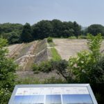 復元された埴輪列ごしに望むナガレ山古墳の墳丘