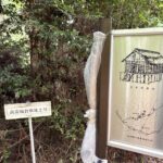 高安城倉庫址2号の標識と倉庫の想像図