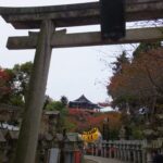 紅葉に包まれた信貴山朝護孫子寺の大鳥居と奥に見える塔